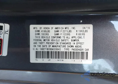 2016 Honda Accord Lx-S from USA, damaged, VIN 1HGCT1B39GA009643